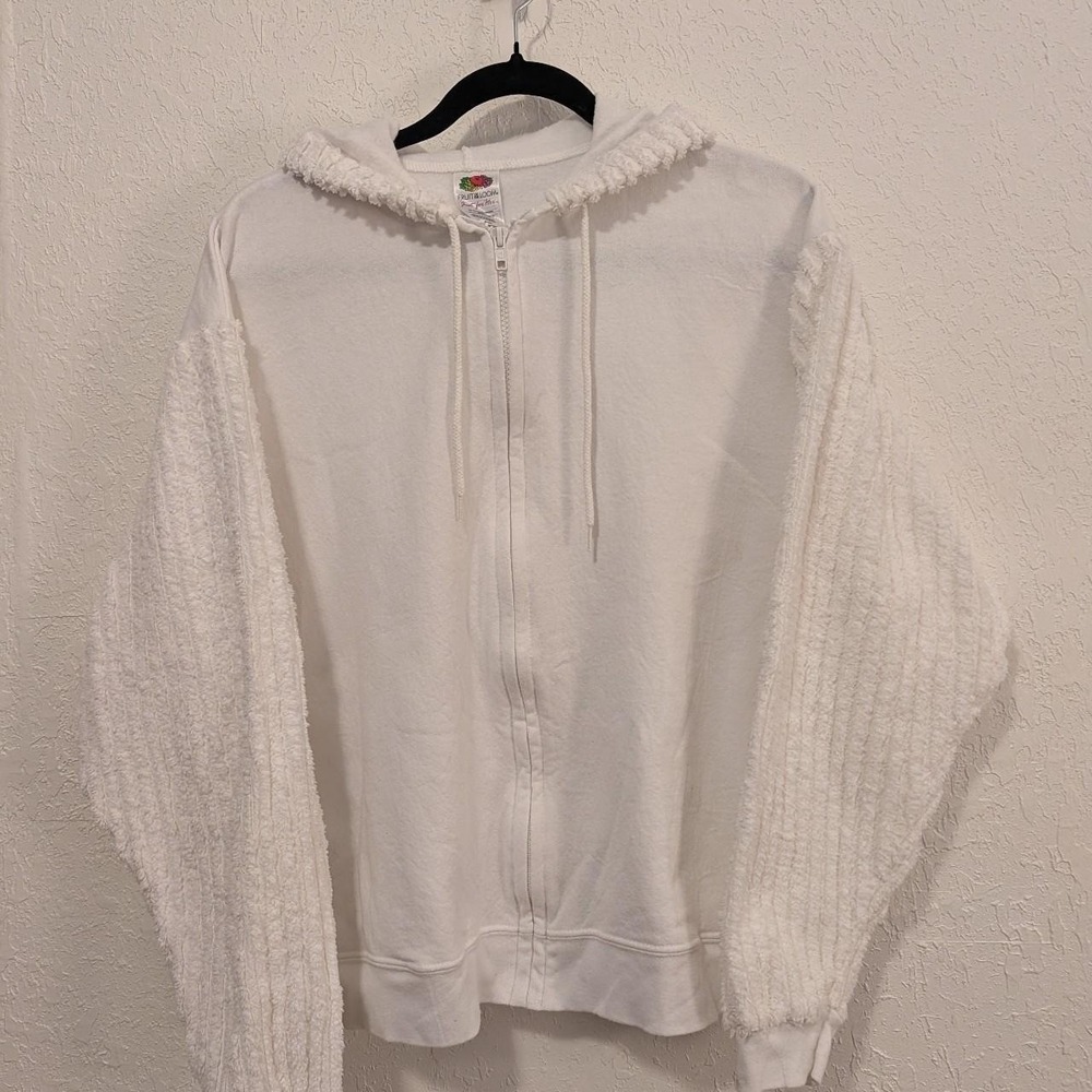 Womens Fruit of the Loom White Zip Up Hoodie XL Excellent 90s Cropped Textured